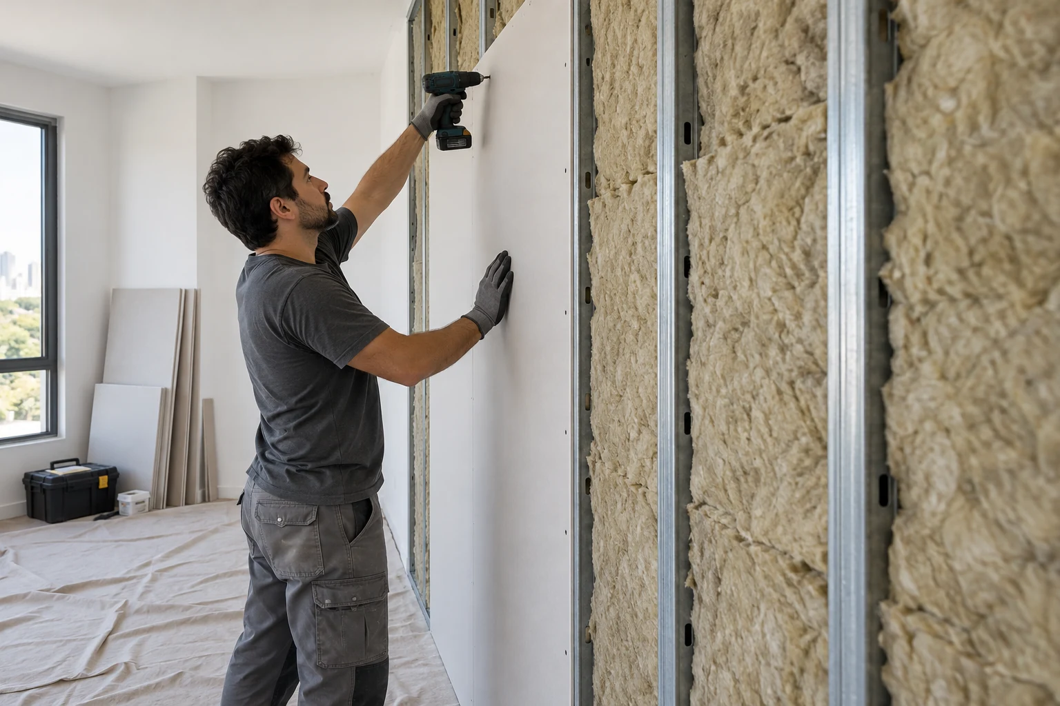 Profissional fixando chapa de drywall numa parede com perfis metálicos e lã de rocha