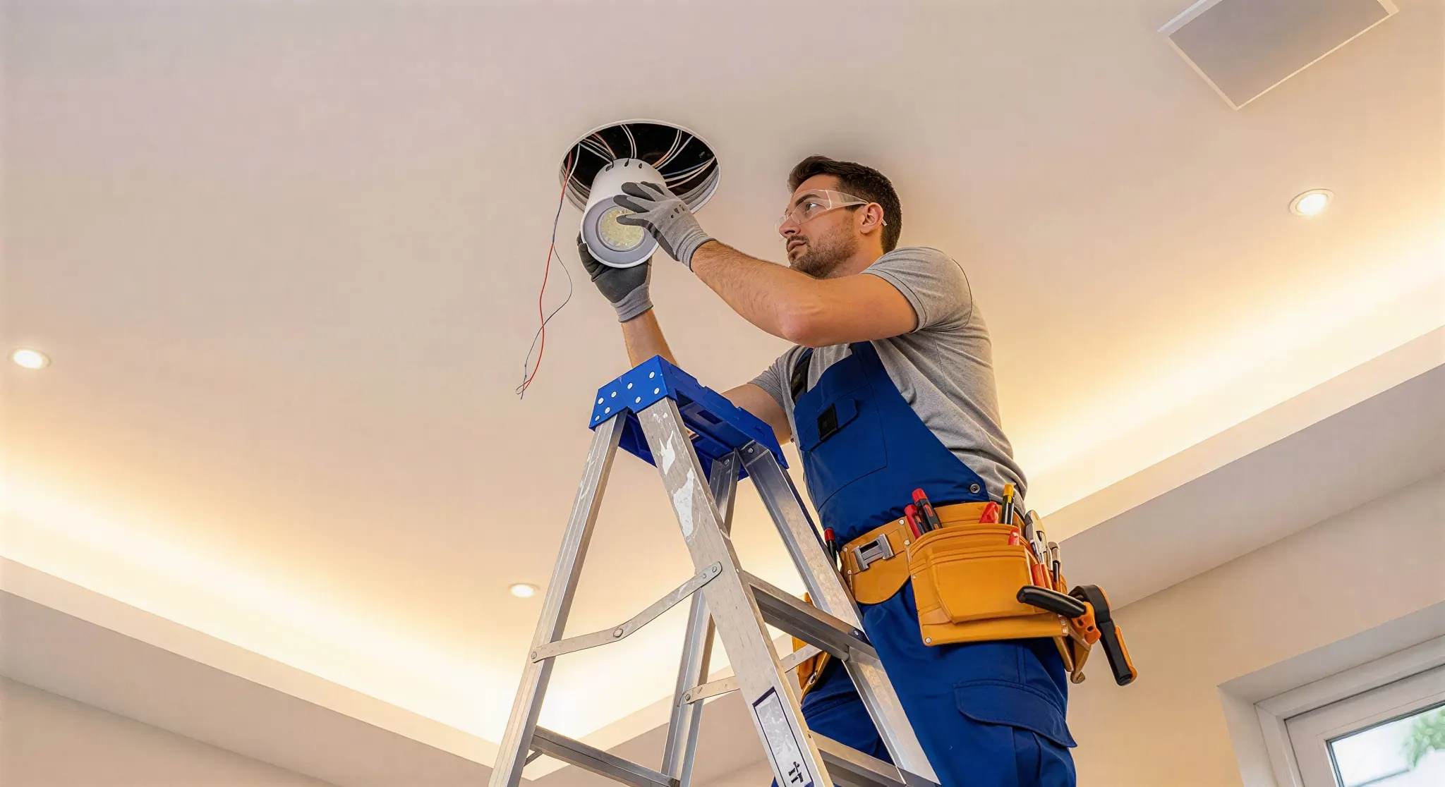 Eletricista instalando luminária no teto