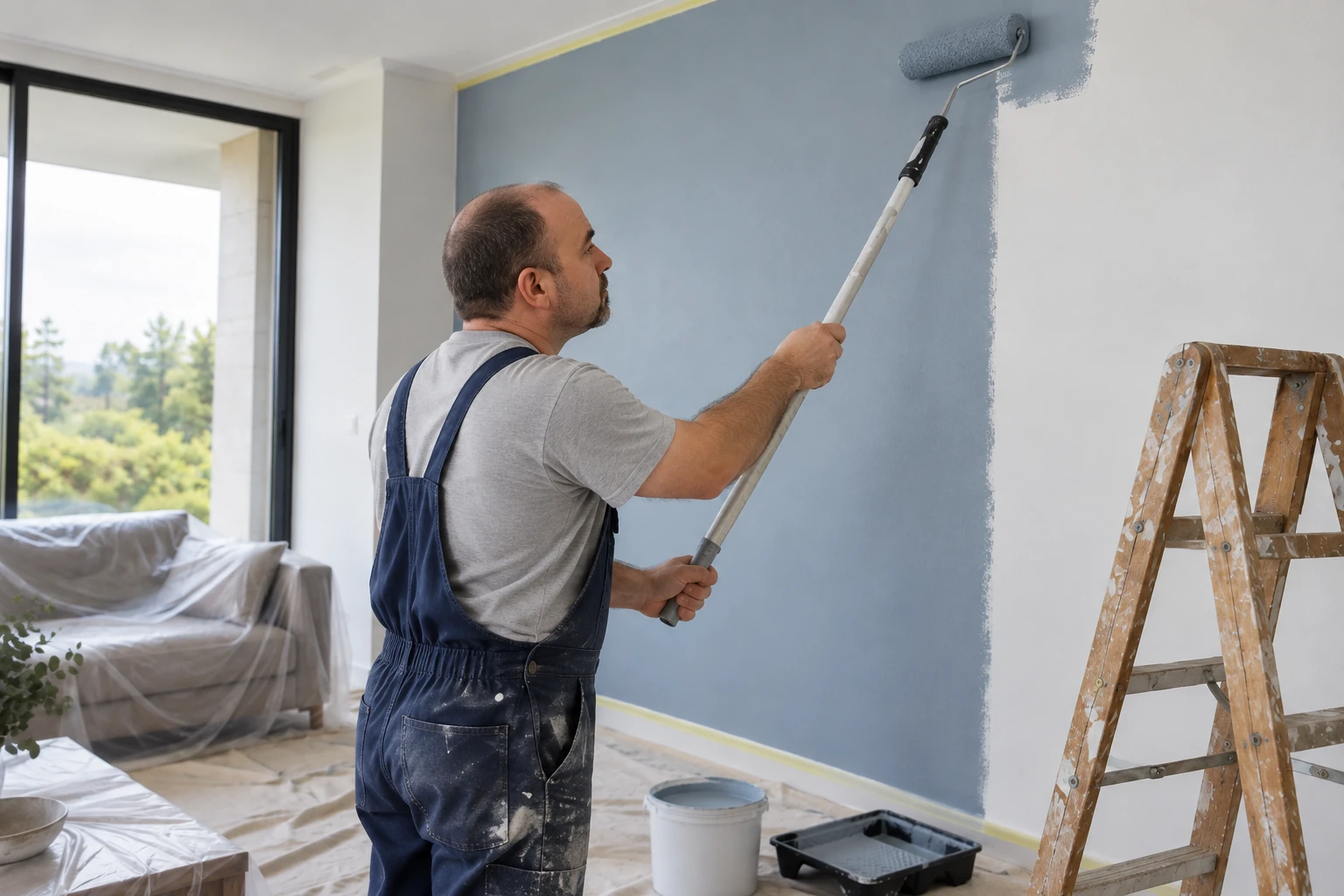 Pintor passando rolo numa parede da sala, com o chão e o sofá protegidos
